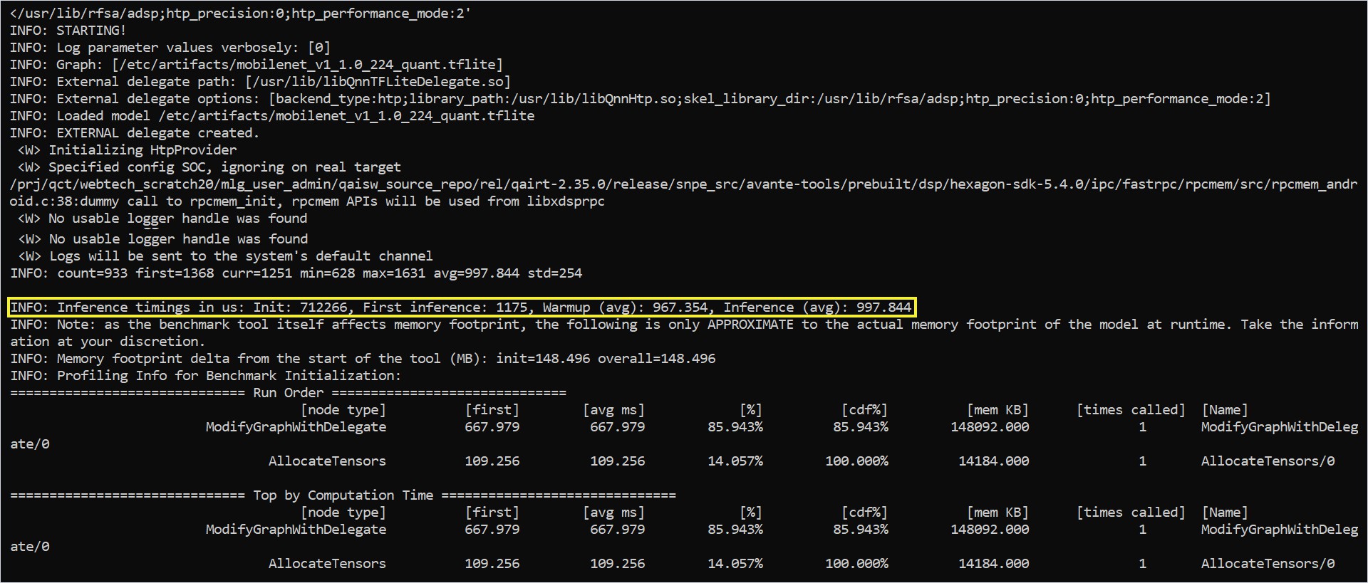 benchmark_model tool output showing delegate status, inference time, and memory footprint