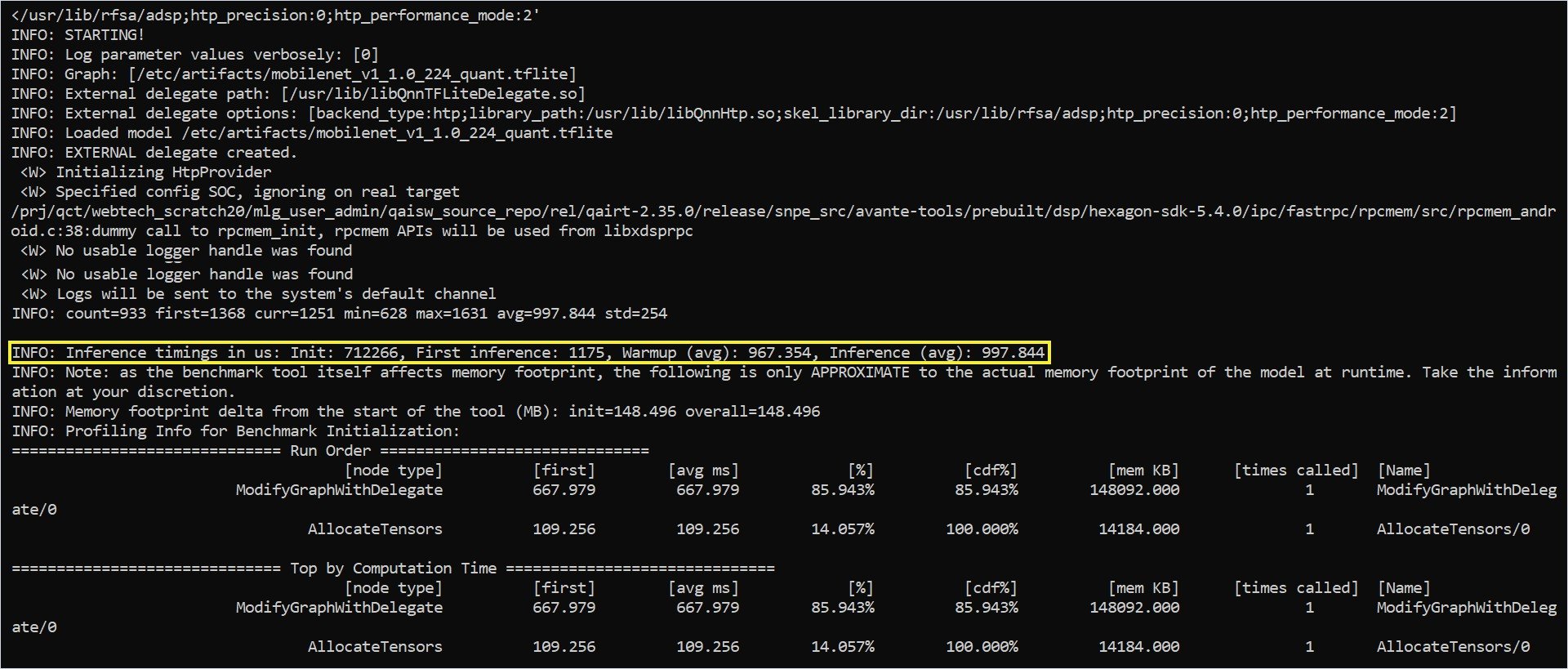 benchmark_model tool output showing delegate status, inference time, and memory footprint