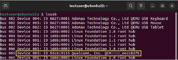 lsusb output showing Qualcomm Linux development kit