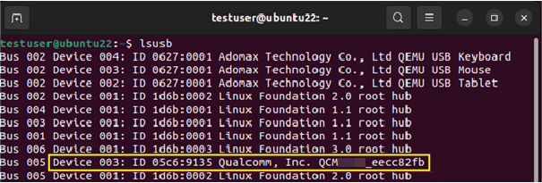 lsusb output showing Qualcomm Linux development kit
