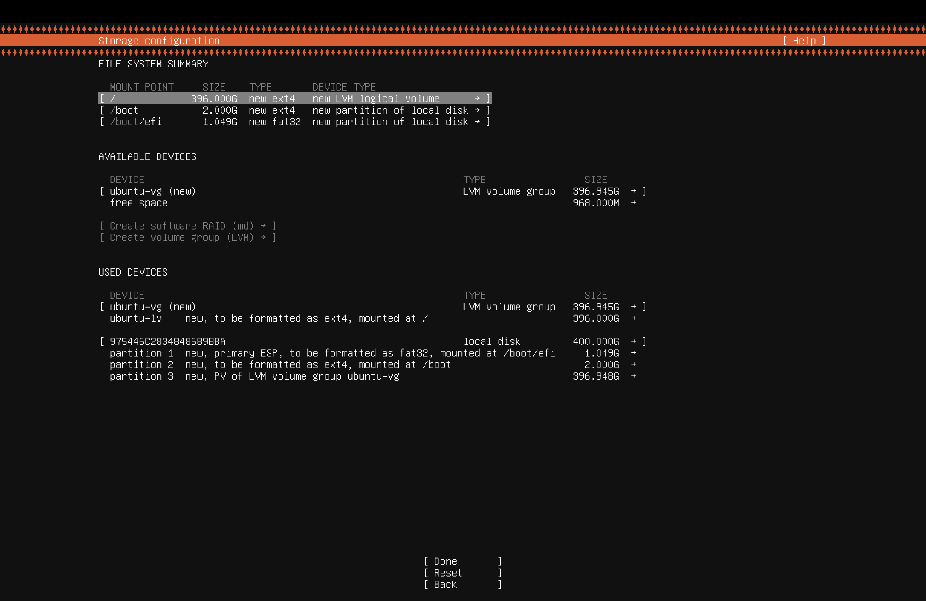 USED DEVICES section with ubuntu-lv
