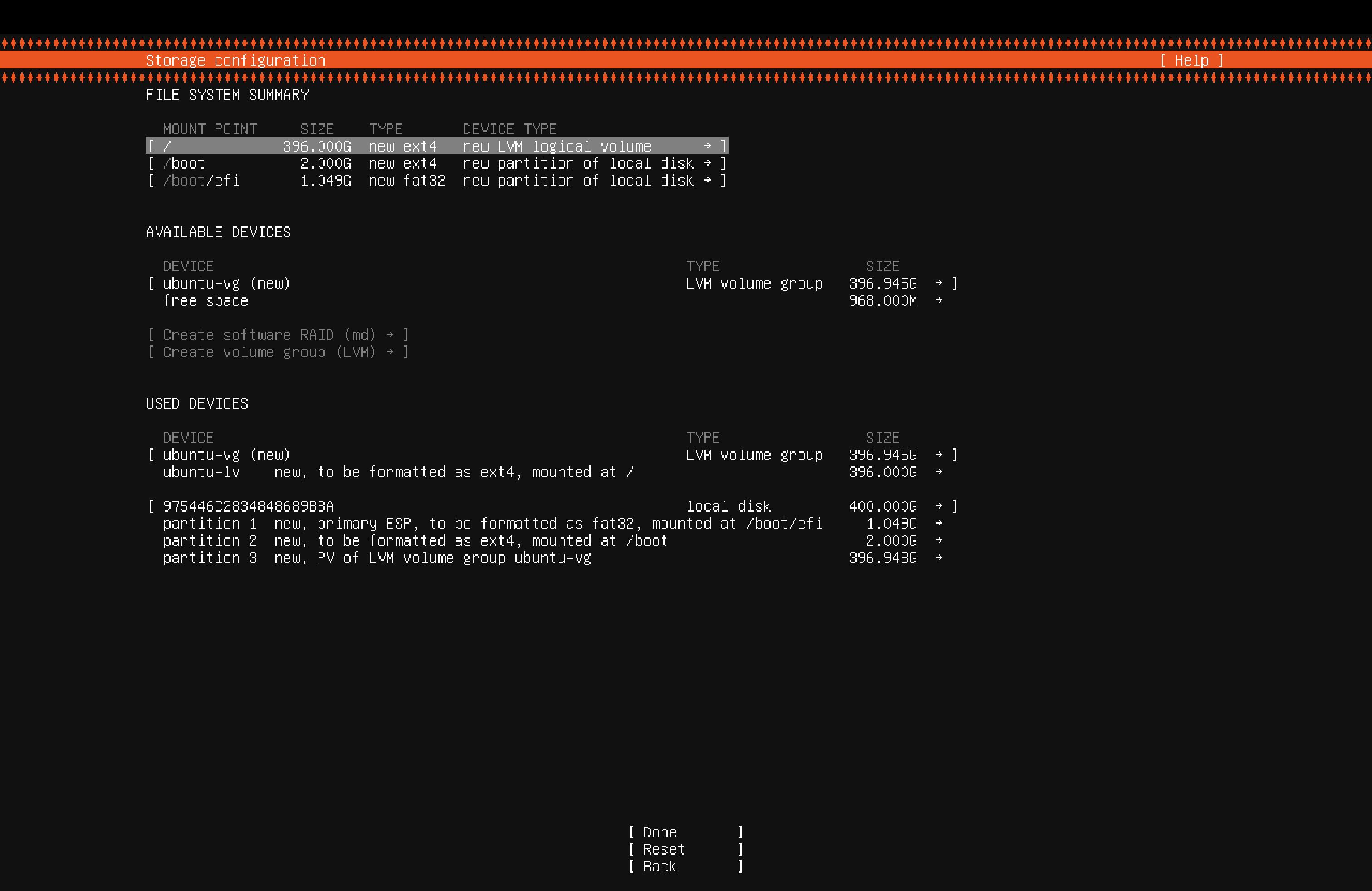 USED DEVICES section with ubuntu-lv