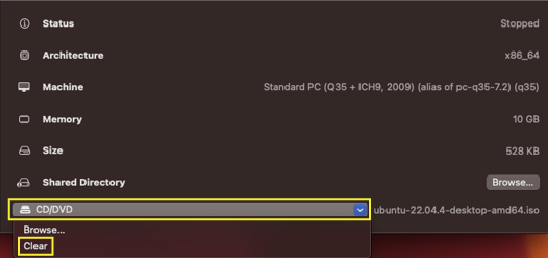 CD/DVD drop-down with Clear selected