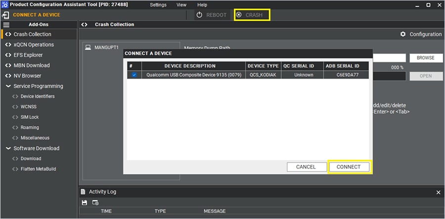 After you connect the device to the Windows host computer, PCAT automatically starts capturing the RAM dump, and the PCAT UI displays the progress of the dump collection.