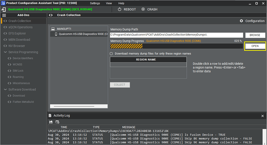 After you connect the device to the Windows host computer, PCAT automatically starts capturing the RAM dump, and the PCAT UI displays the progress of the dump collection.