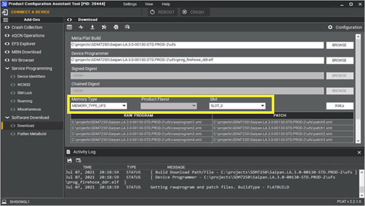 VIP flashing - select memory type and parameters