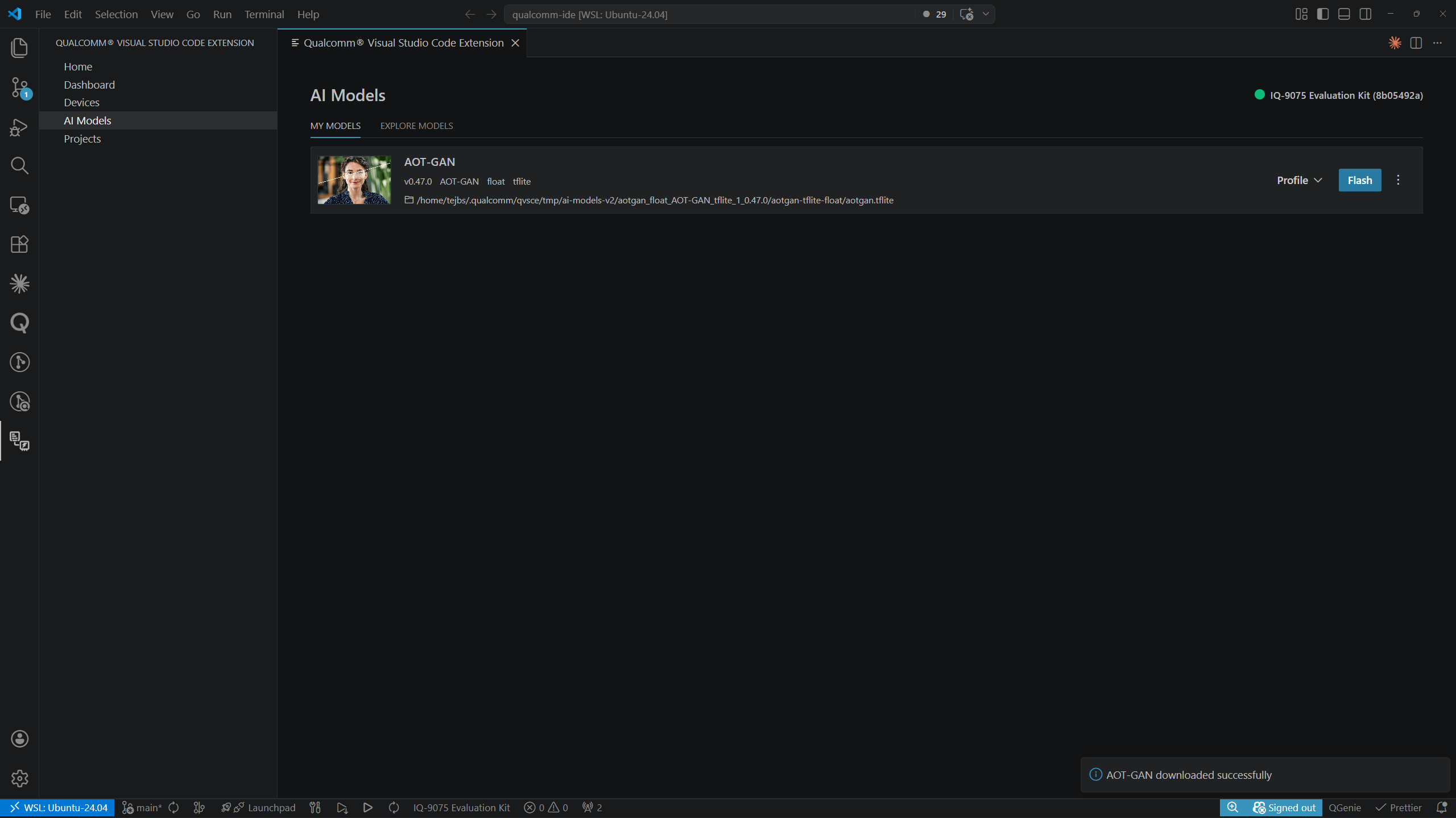 AI Models — downloaded model with file path and action buttons