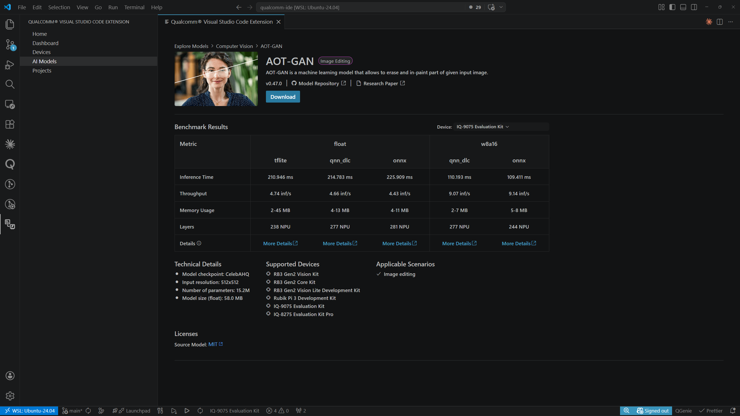 AI Models — Explore Models detail page with full benchmark table
