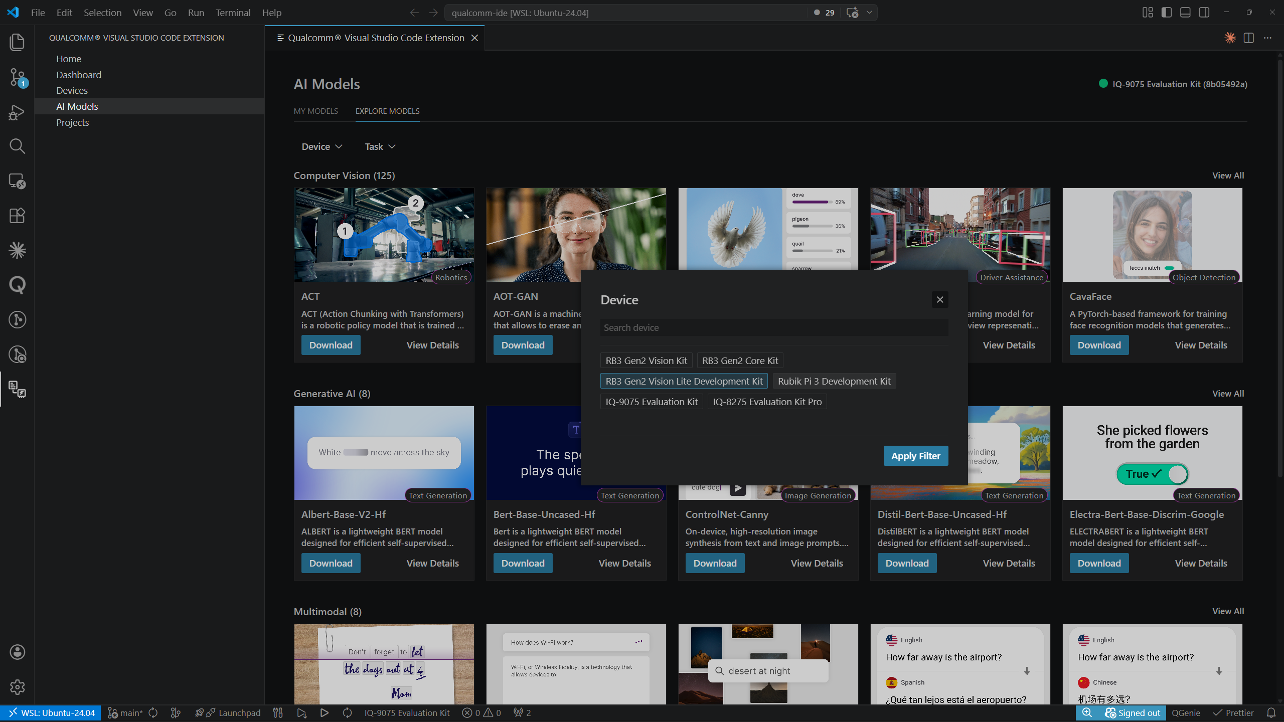 AI Models — Device filter modal