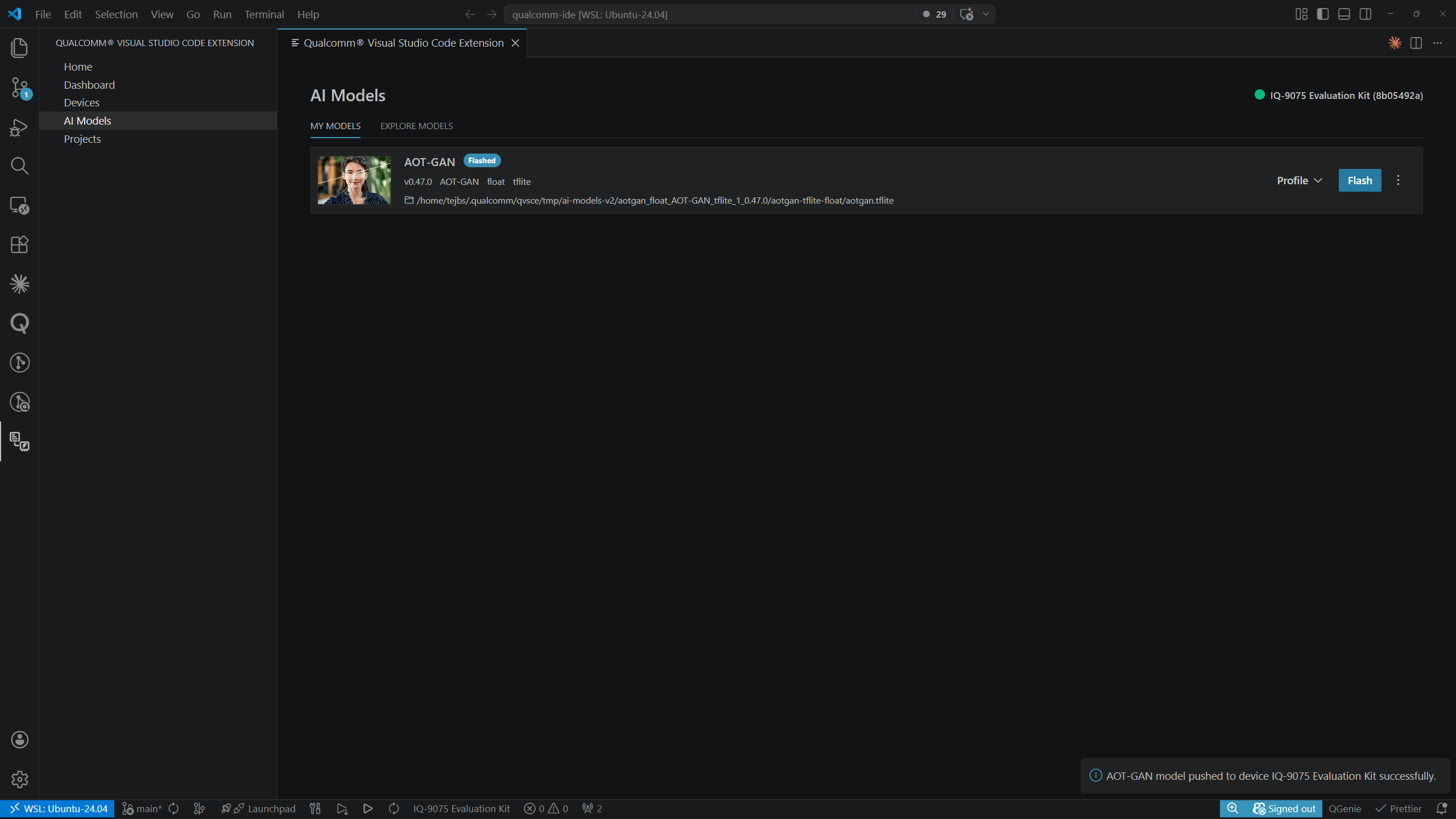 AI Models — model pushed successfully with Pushed badge