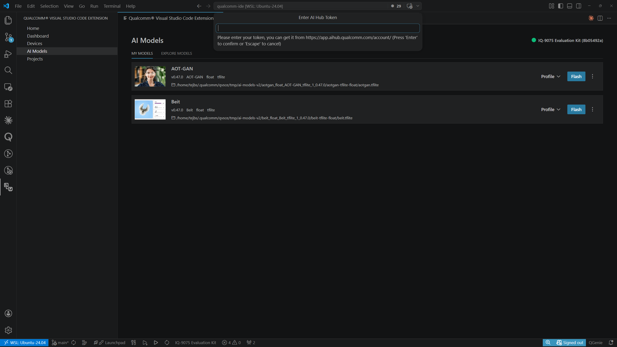 AI Models — Enter AI Hub Token prompt