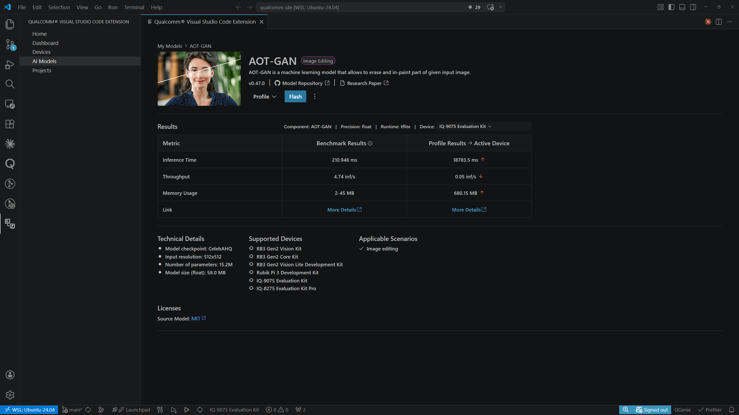 AI Models — My Models detail page with benchmark and profiling results