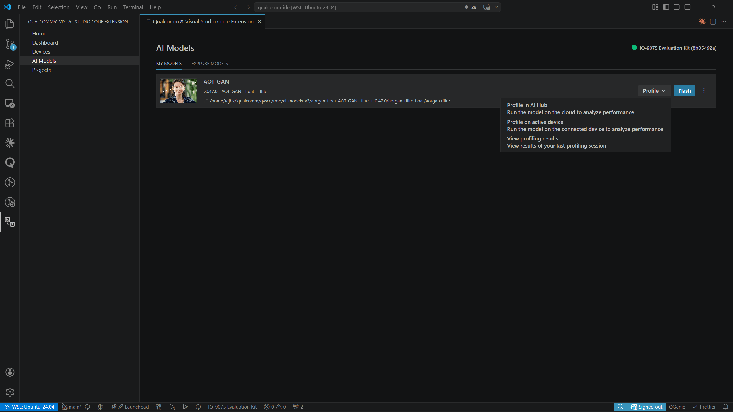 AI Models — Profile split-button dropdown