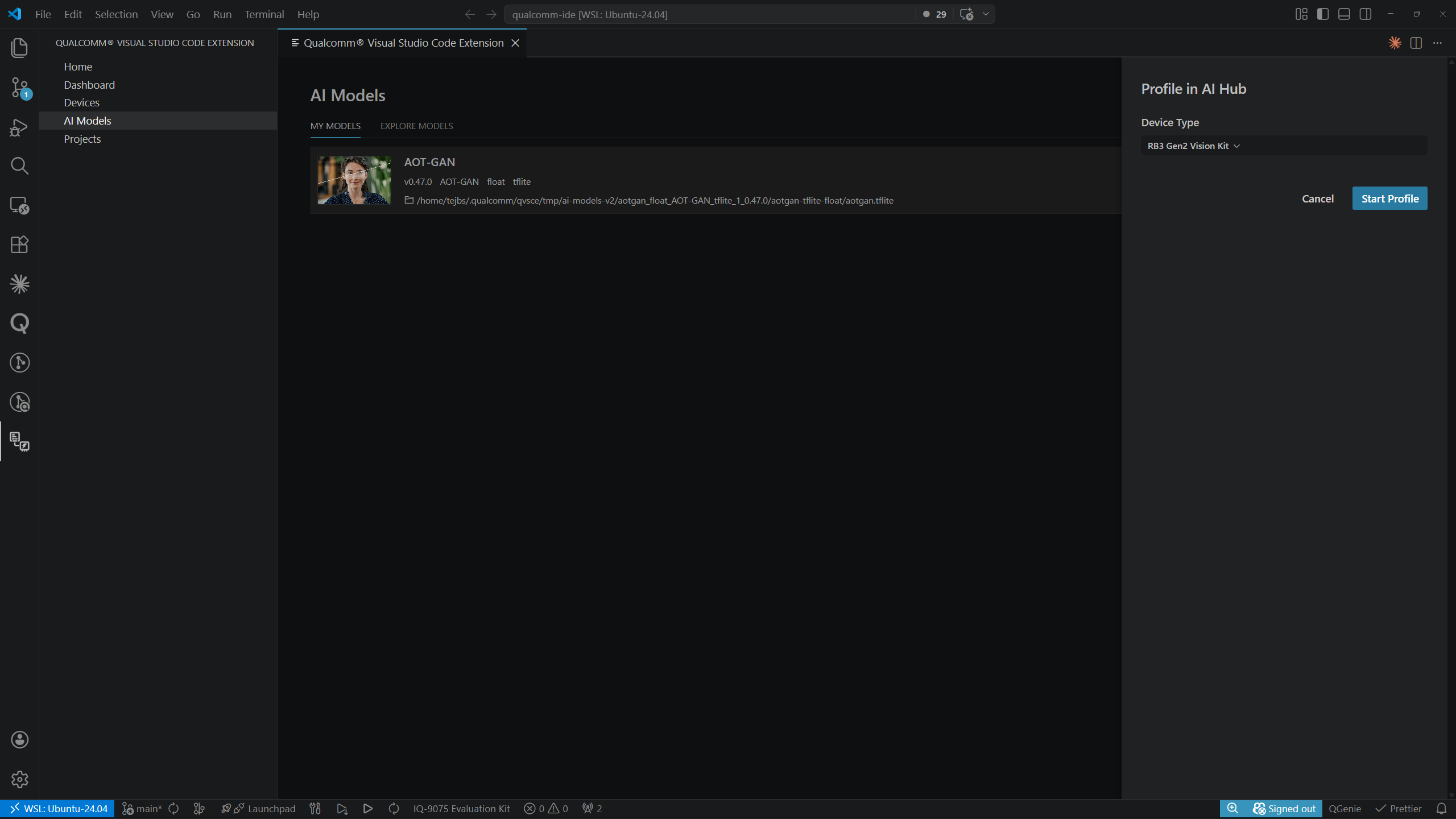AI Models — Profile in AI Hub side panel