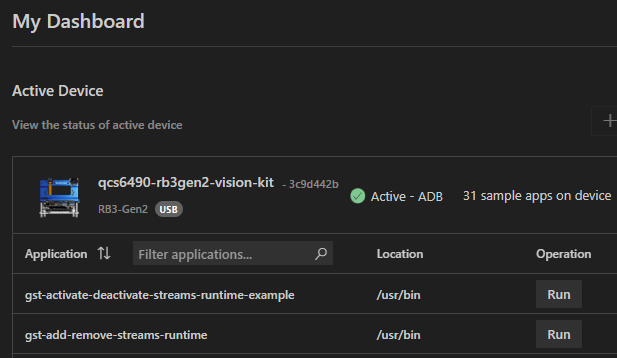 Dashboard — active device pane