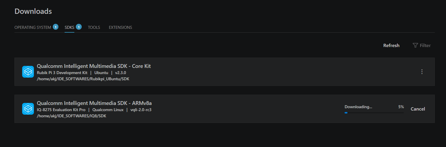 Dashboard — SDK downloading with progress