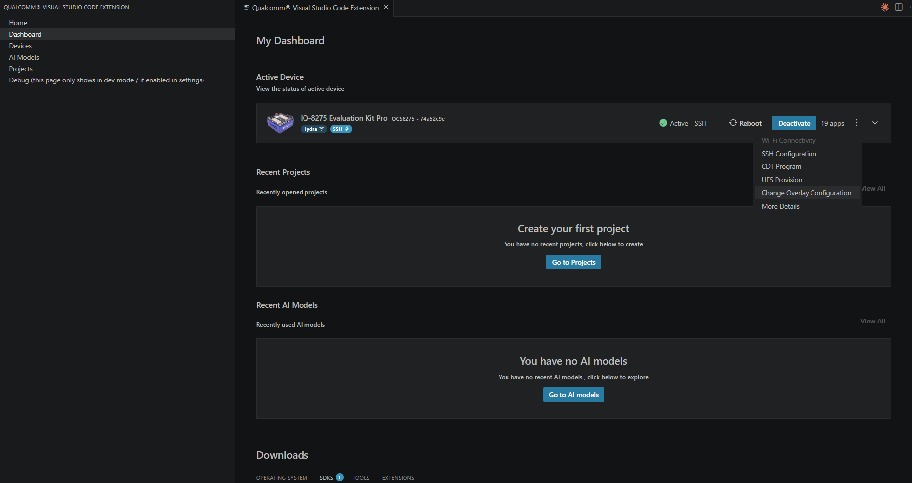 Active device card — ⋮ menu with Change Overlay Configuration option