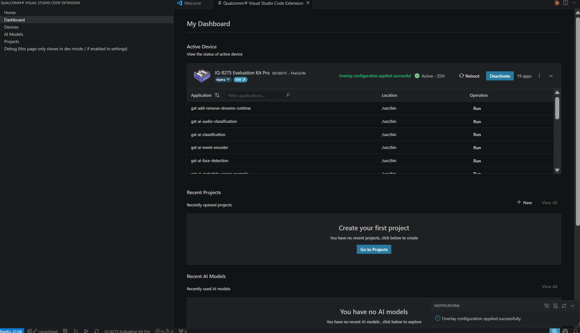 Device card — overlay configuration applied successfully