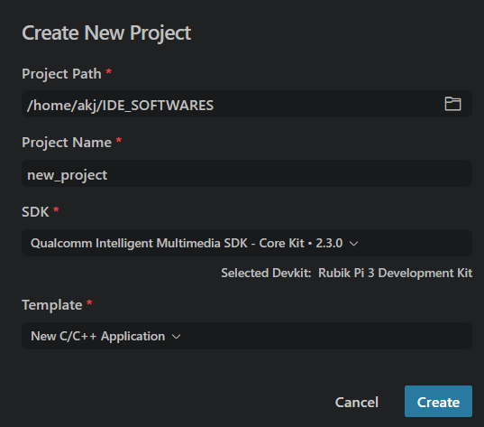 Projects — create new project dialog