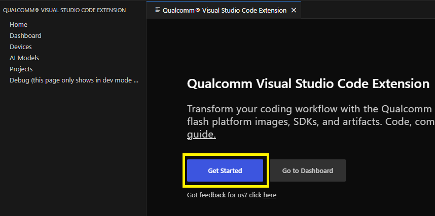 Get Started button on Home page