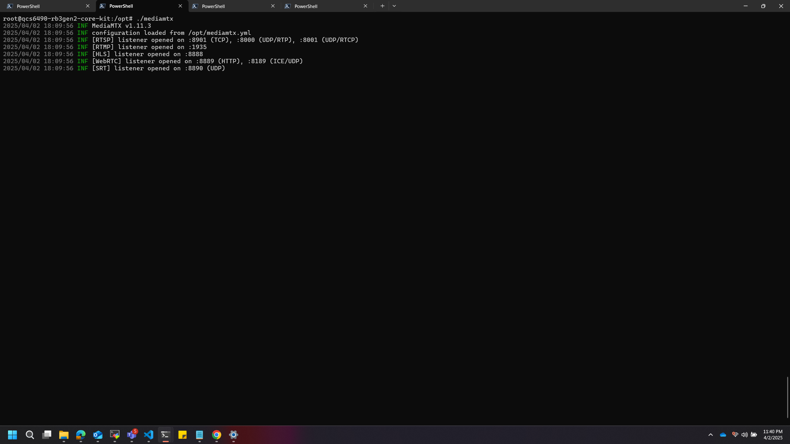 MediaMTX utility running on the device