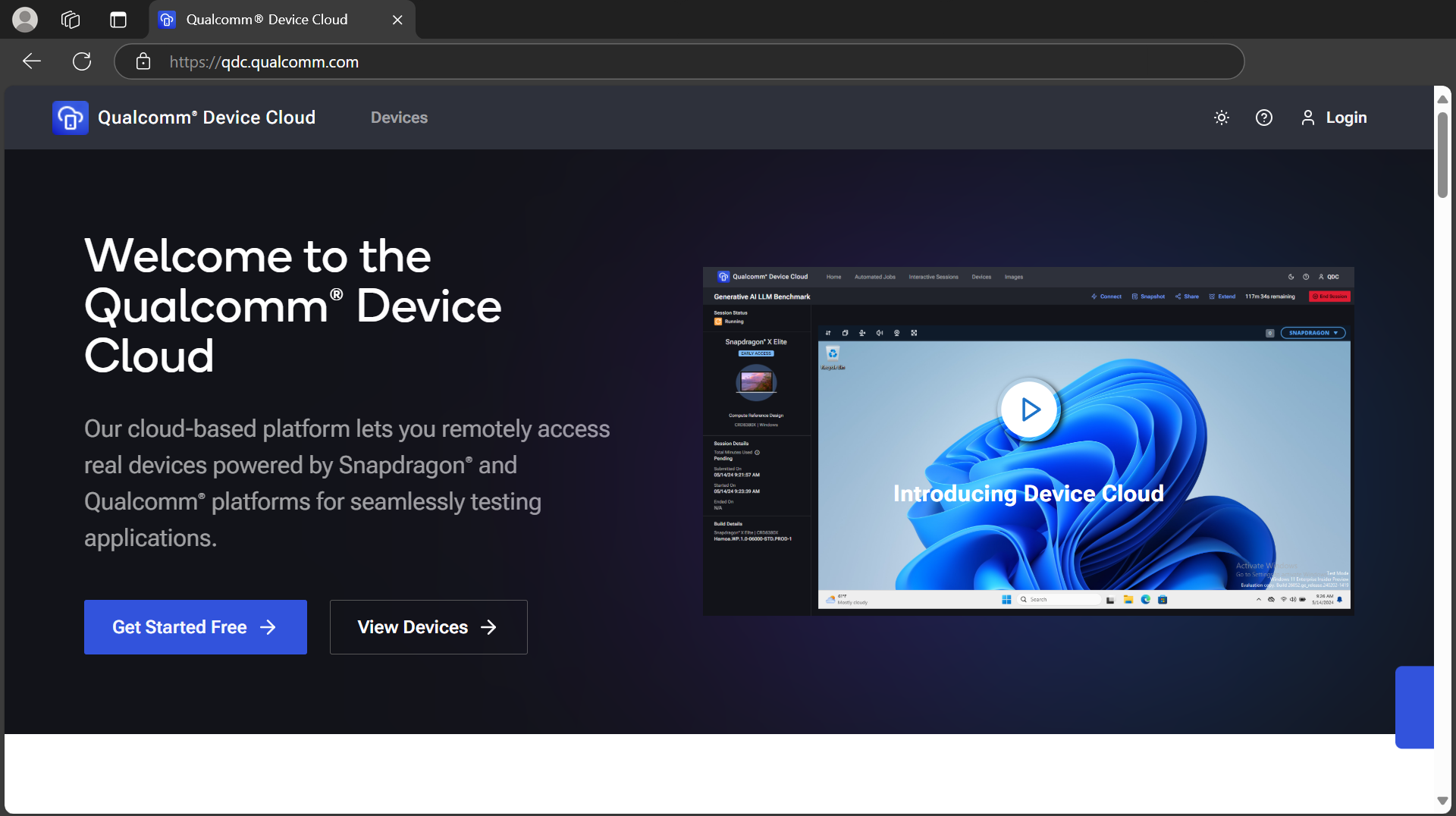 Qualcomm Device Cloud landing page