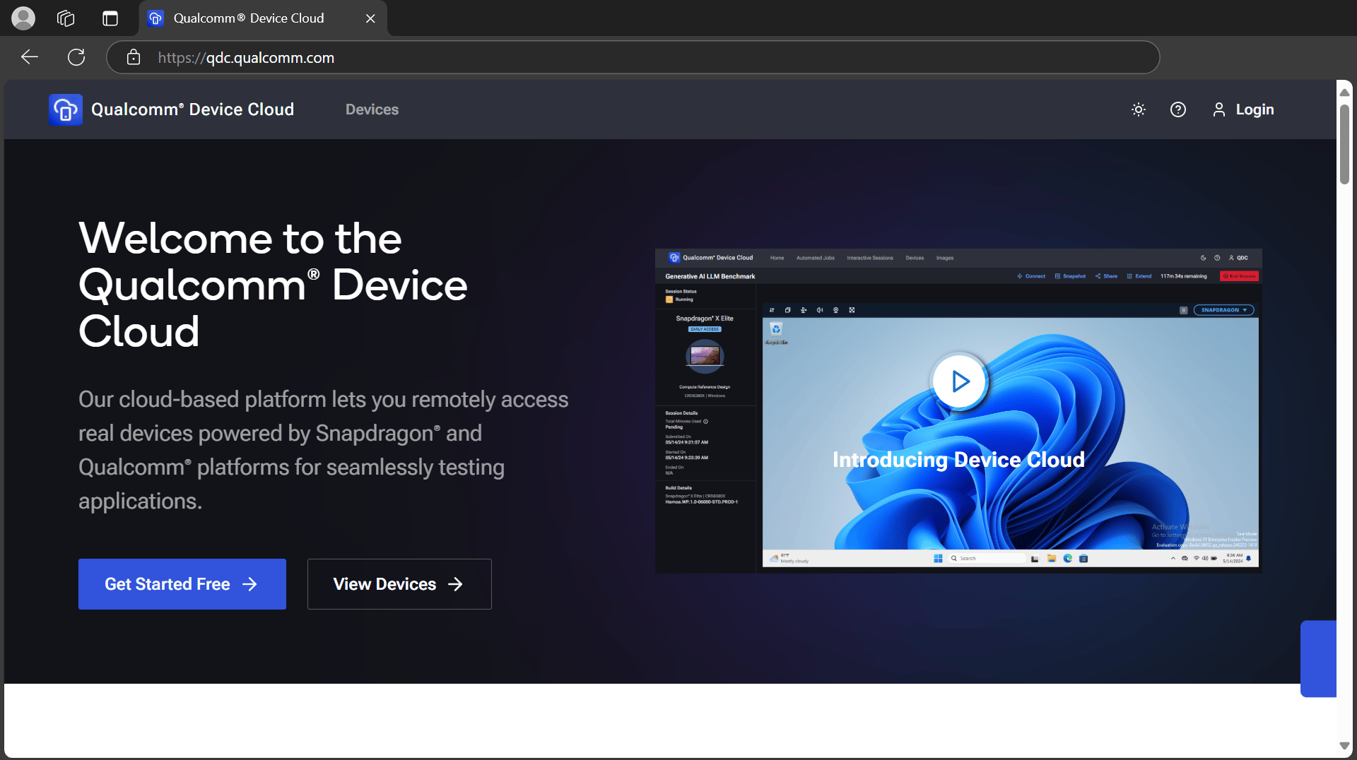Qualcomm Device Cloud landing page