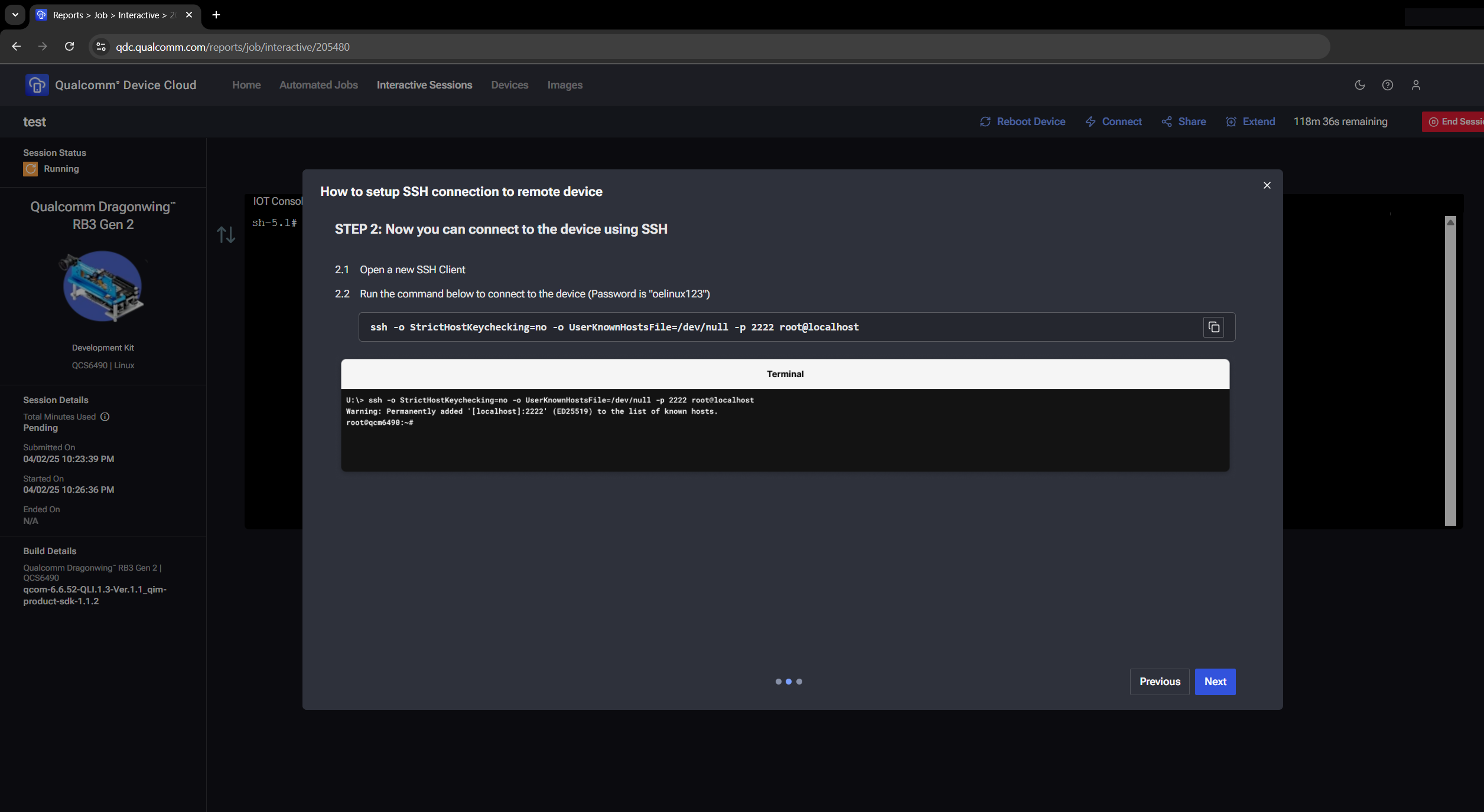 SSH remote device setup commands in QDC