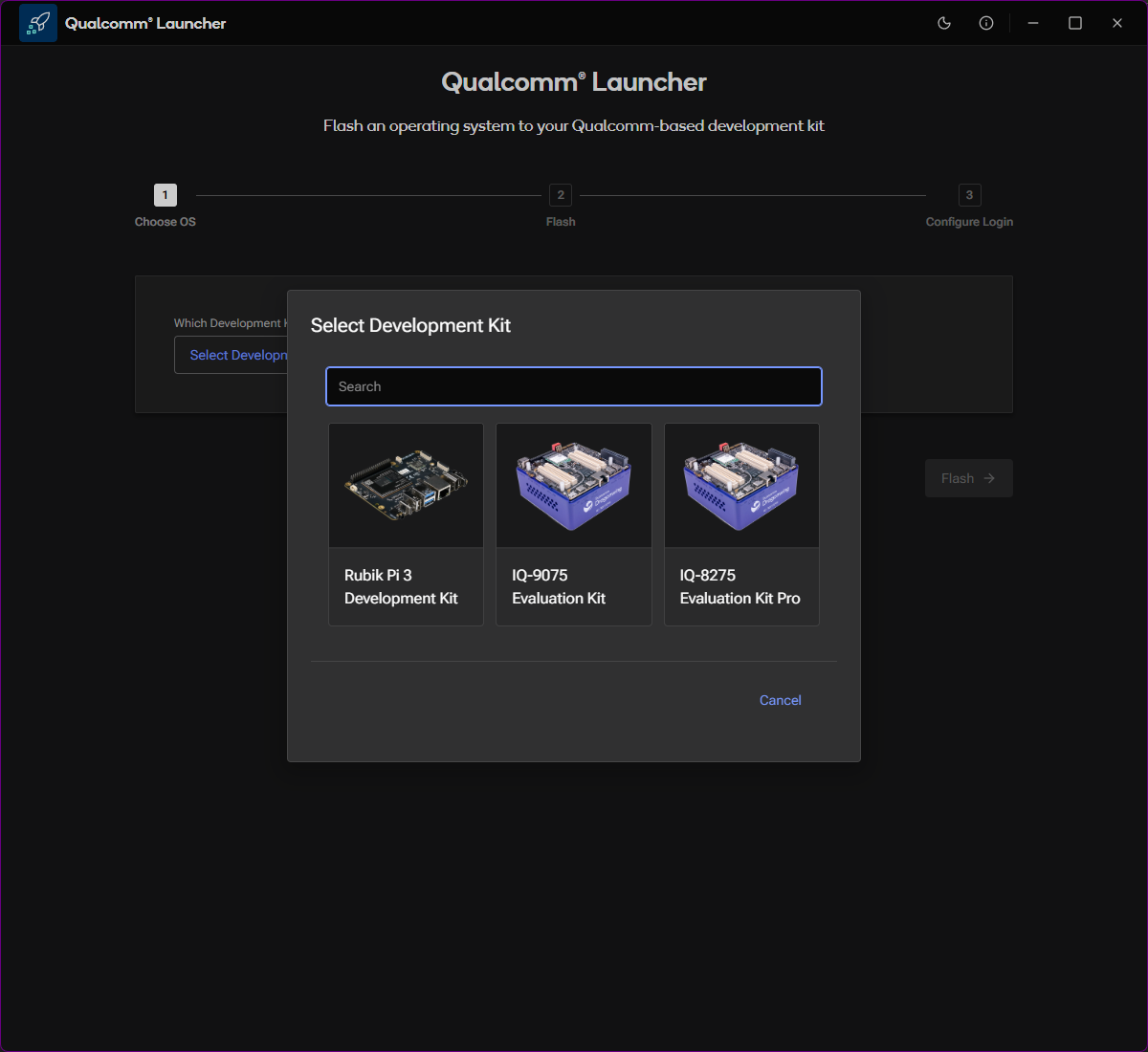 Select Development Kit dialog