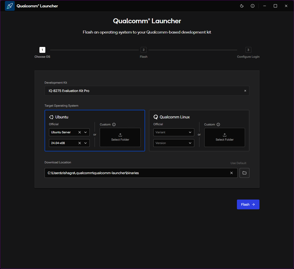 Target OS selection with Flash button active