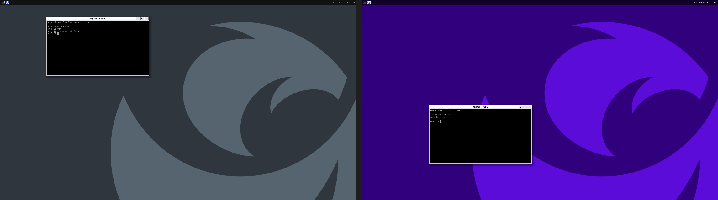 Desktop before and after: v1 grey wallpaper vs v2 purple Supergraphic
