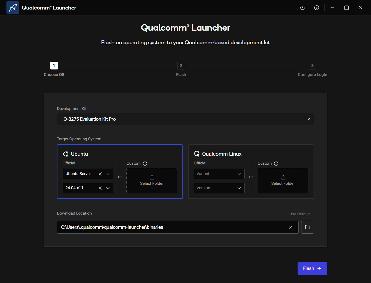 Flash button active once the device is detected