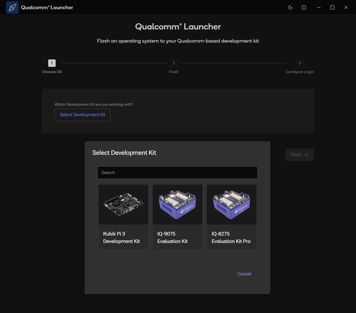 Select Development Kit dialog