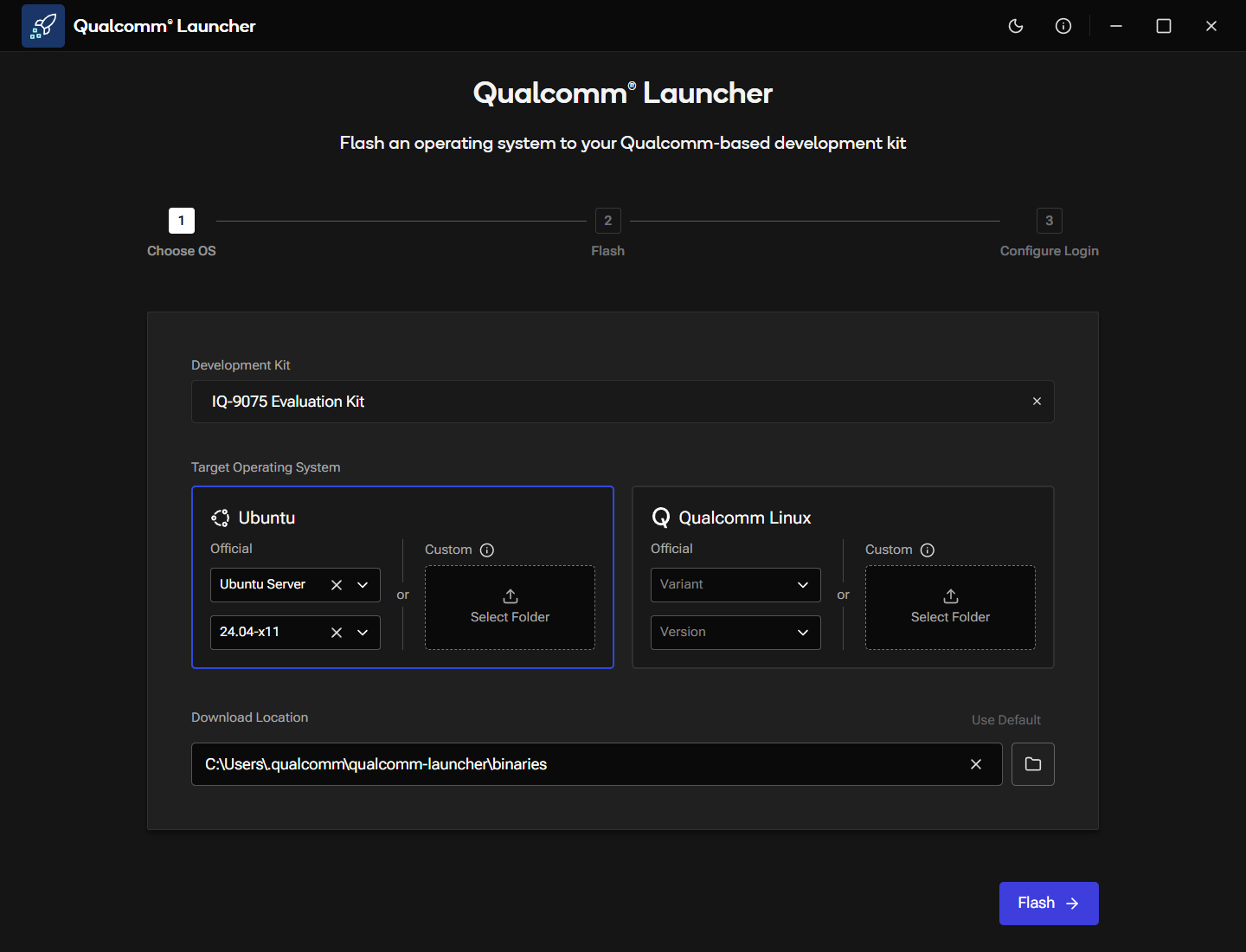 Flash button active once the device is detected