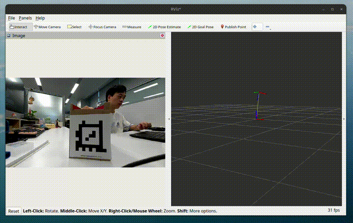 Live camera view of AprilTag markers being detected, each overlaid with its tag outline and identifier.