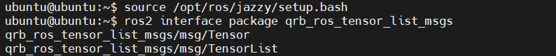 Terminal listing the two interfaces in the qrb_ros_tensor_list_msgs package: Tensor and TensorList.