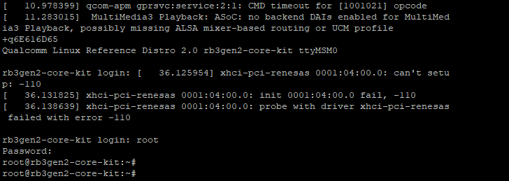UART console showing Qualcomm Linux Reference Distro 2.0 login prompt on rb3gen2-core-kit after a successful flash