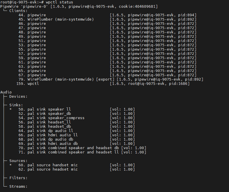 wpctl status output showing available PAL sink and source nodes
