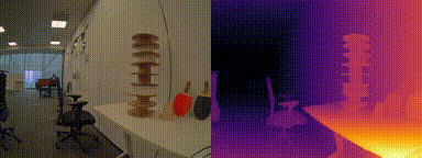 Office scene on the left beside its colorized depth map on the right, where warmer colors mark surfaces closer to the camera.
