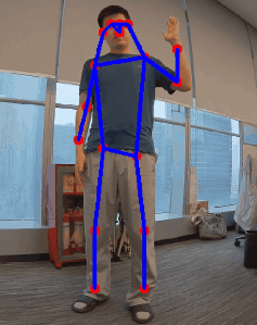 Pose estimation result with a blue skeleton and red keypoints overlaid on a standing person who raises one hand.