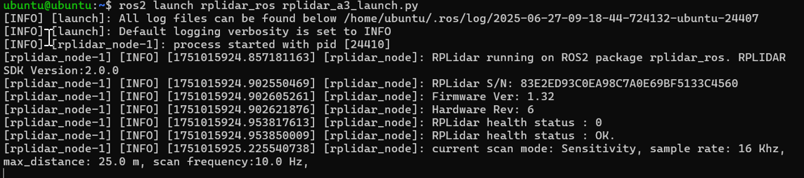 Terminal log from the RPLIDAR launch file reporting the RPLIDAR S/N, firmware and hardware revision, health status OK, and a 10 Hz scan frequency.