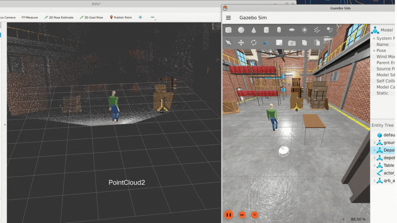 Simulated warehouse in Gazebo where the robot detects a walking person and follows them along the aisle.