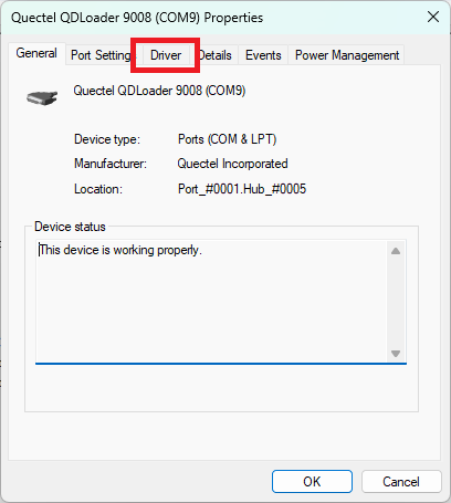 Properties with Driver tab
