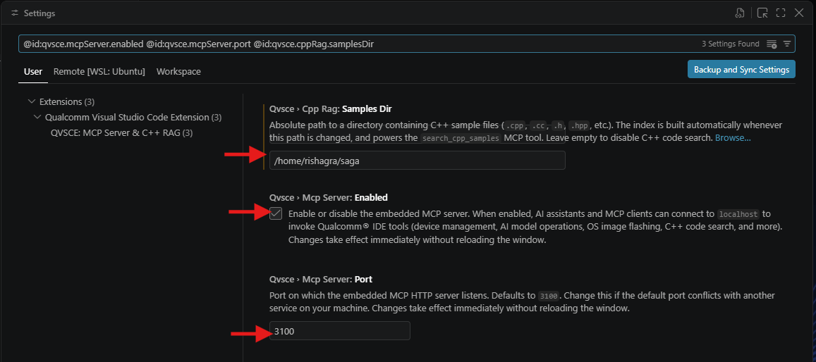 VS Code Settings panel showing QVSCE MCP server configuration options
