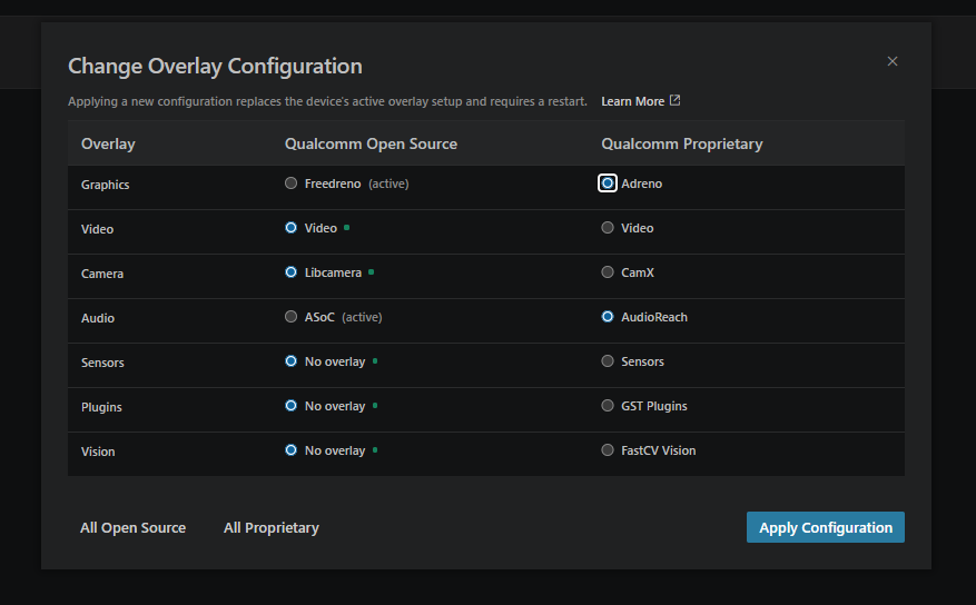 Change Overlay Configuration dialog with Graphics and Audio pending a switch to proprietary overlays