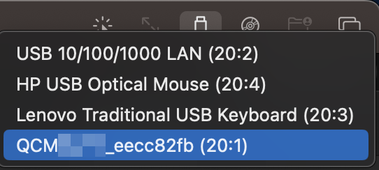USB Devices menu with QCMXXXX device