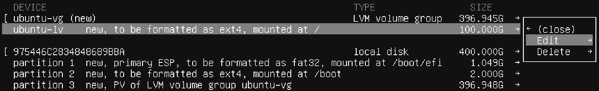 Edit option for ubuntu-lv