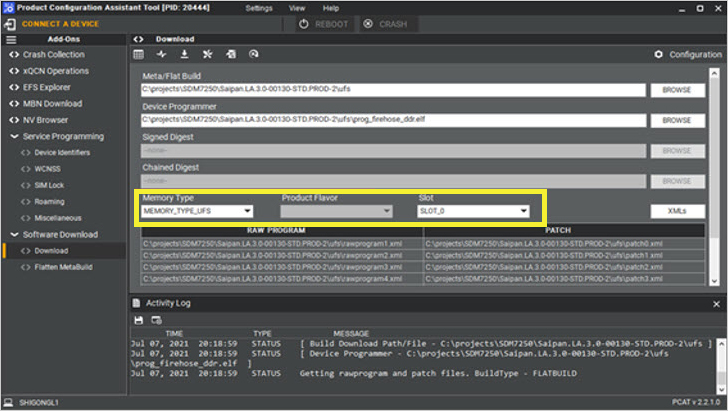 VIP flashing - select memory type and parameters