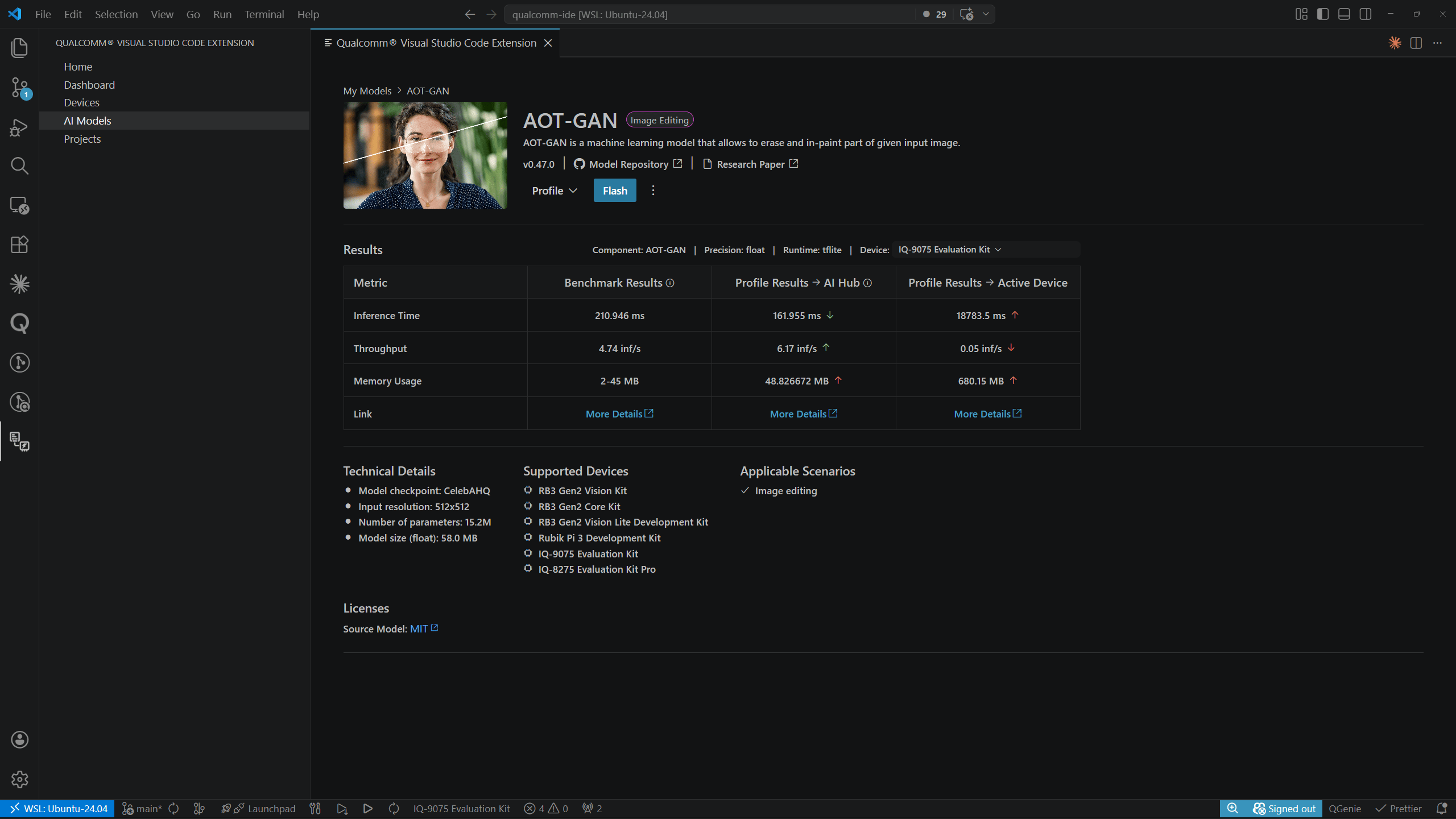AI Models — profiling results page with all three result columns