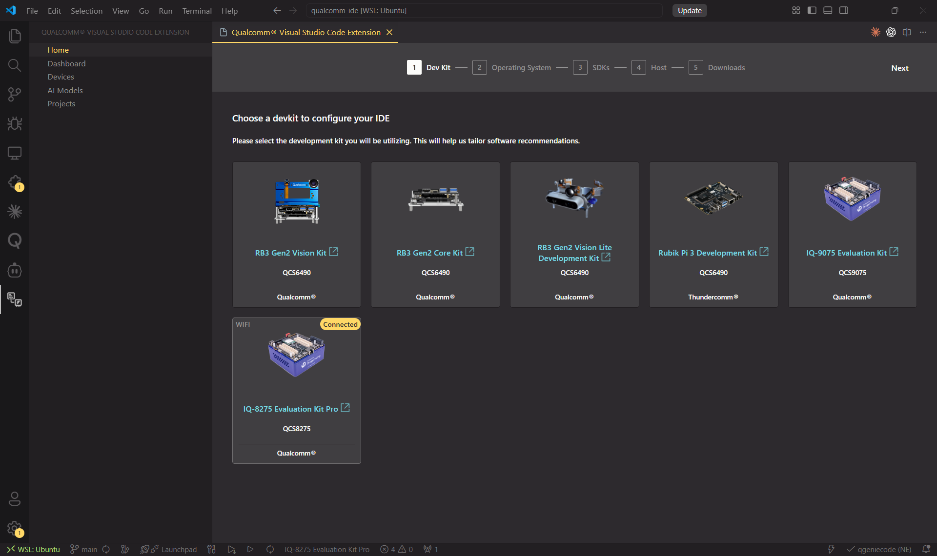 Wizard — dev kit selection